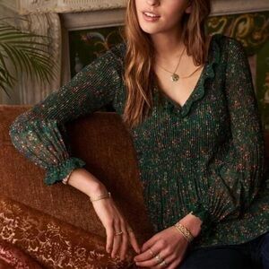 Sezane Sybille Floral Pleated Long Sleeve Blouse Top Green‎ Size FR 36 US 4